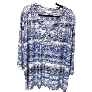 Emily Daniels Tunic Top Women 3X Abstract Metallic Blue‎ Silver 3/4 Slvs V Neck